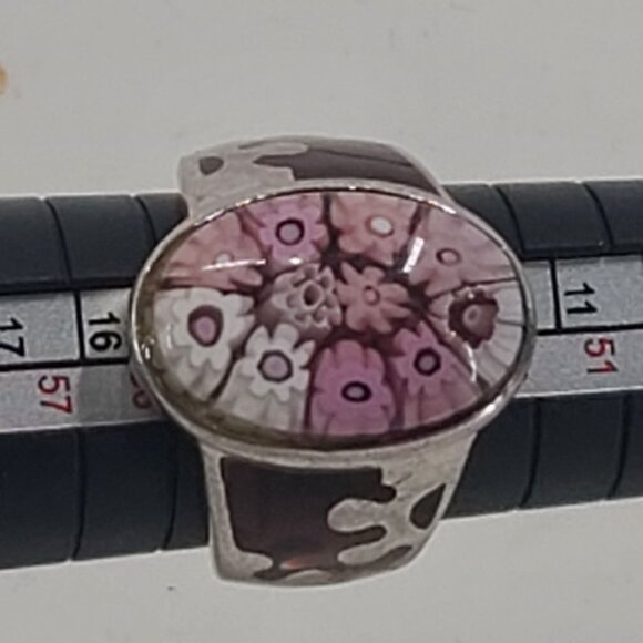 alan  K Sterling Silver 925 ring Pink floral Millifiori Glass Flower Ring - Picture 8 of 9